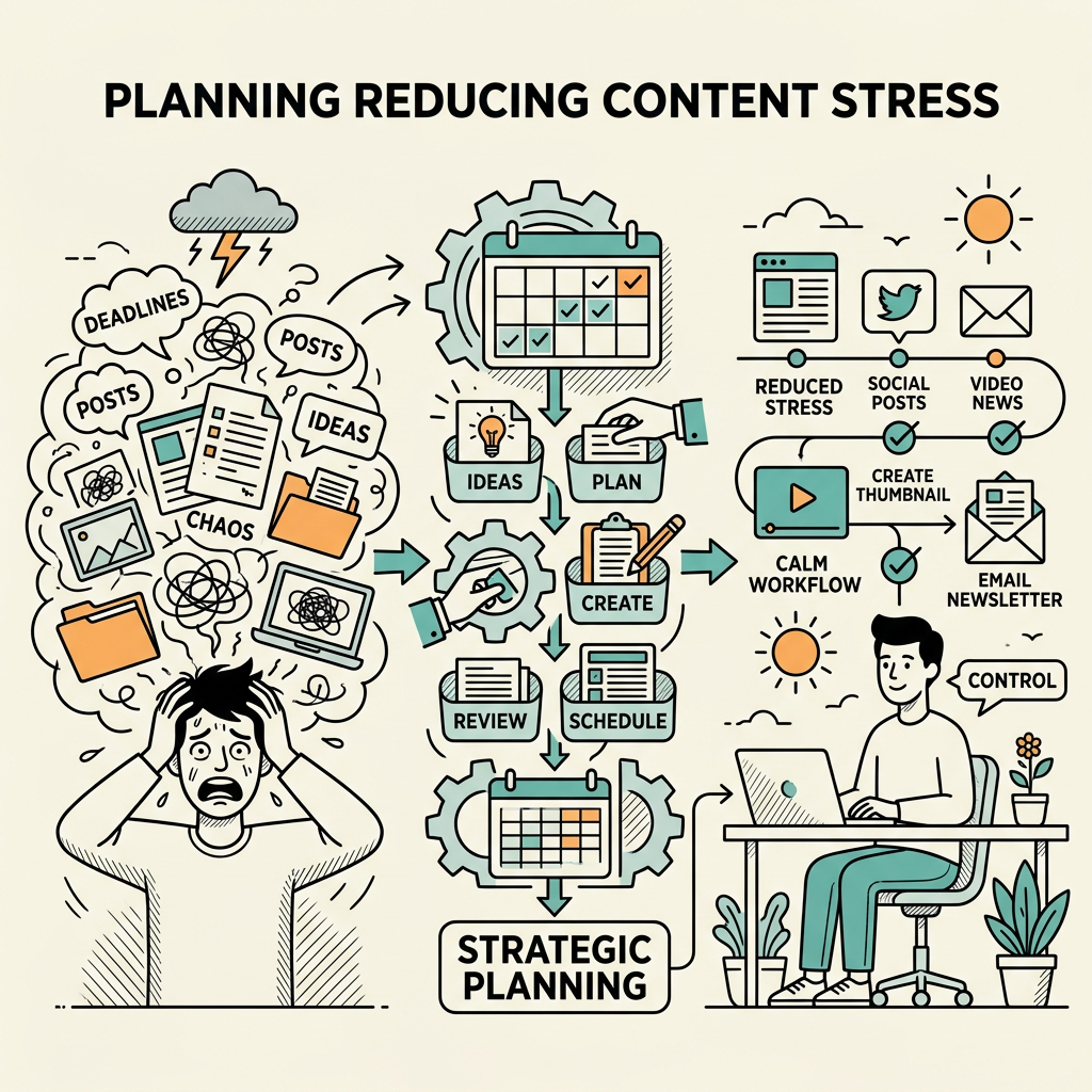 Workflow diagram illustrating chaotic content stress and steps for planning, creating, reviewing, scheduling for calm workflow and control