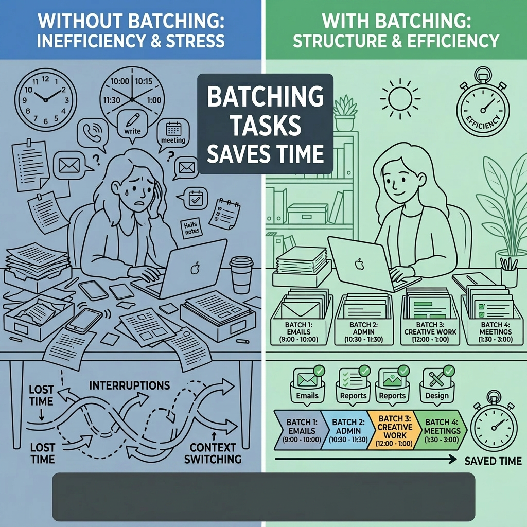 Two side-by-side illustrations showing stressed multitasking and calm task batching for productivity