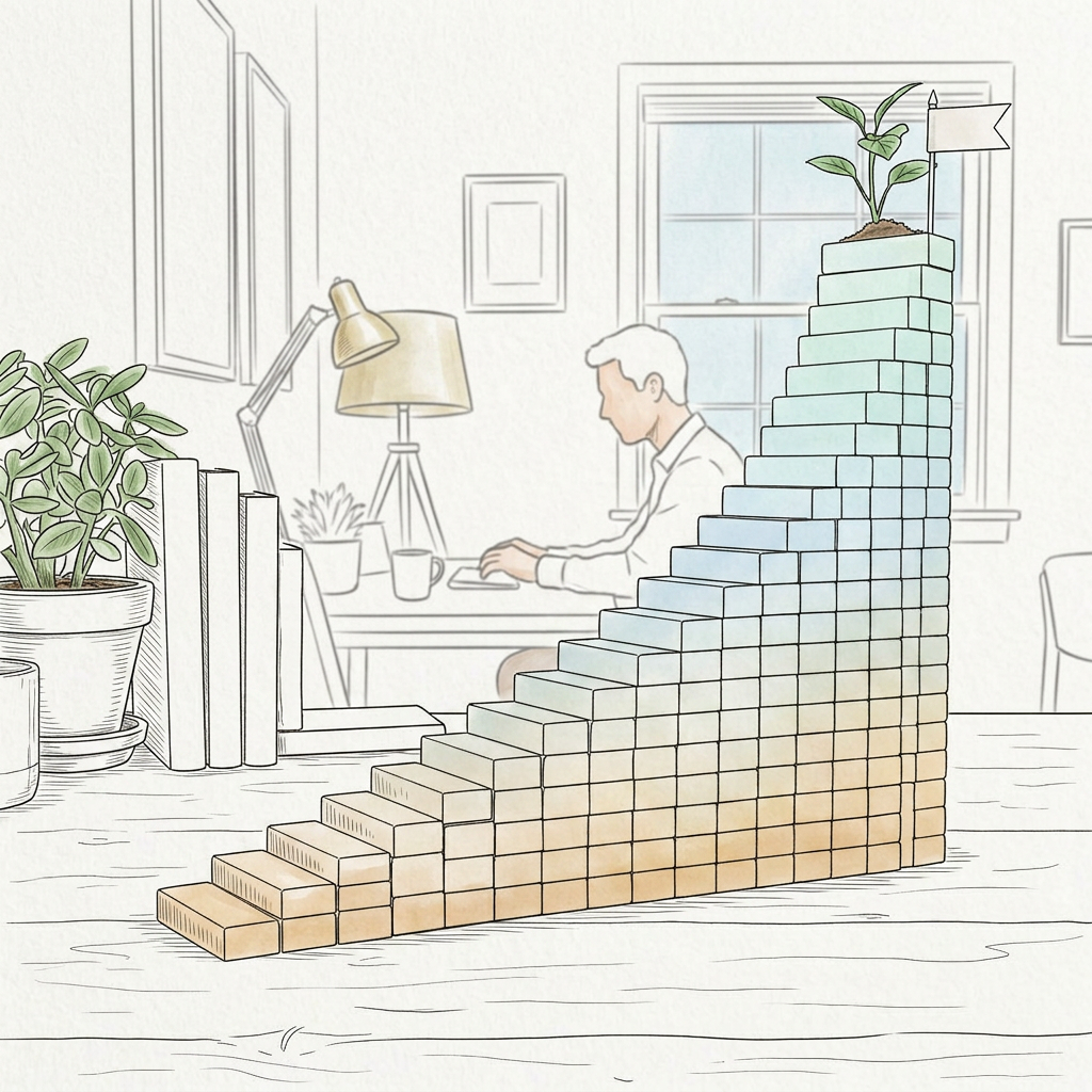 Stacked wooden blocks labeled with steps like small steps, start, action, consistency, learning, effort, focus, persistence, refinement, patience, adaptation, practice, skill, progress, development, momentum, achievement, growth topped with a plant and a success & growth flag